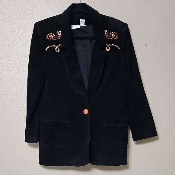 Equestrian Suede Leather Embroidered Jacket Blazer Size Medium Satin Lined Black - Picture 7 of 15